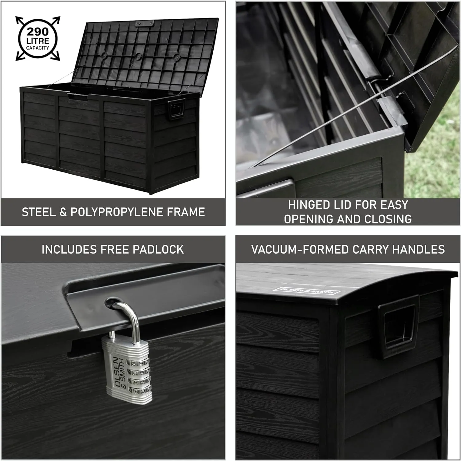Olsen & Smith 290L Capacity Outdoor Garden Plastic Storage Cushion Box Furniture - Lockable with Padlock Lock, Weather Resistant, Shed Chest