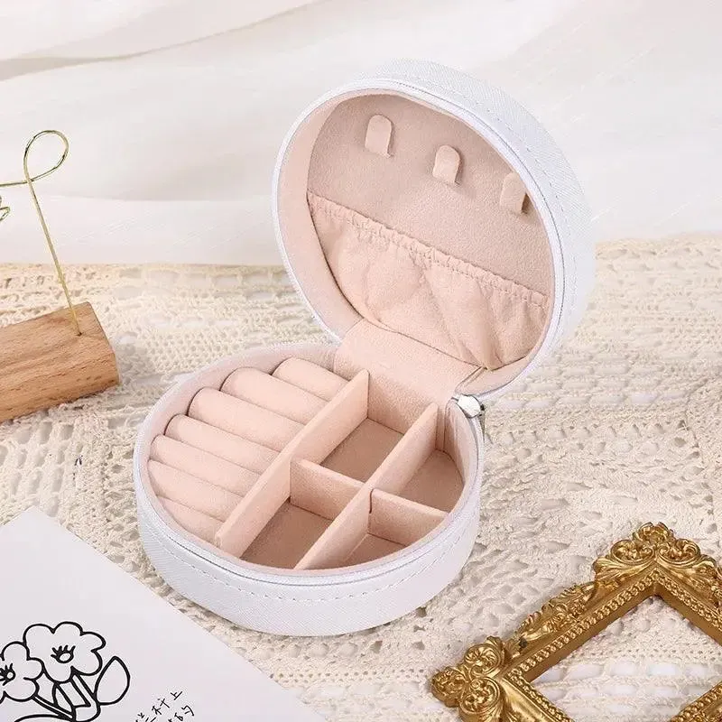 Portable Round Jewelry Box Necklaces Earrings Rings Jewelry Organizer Display Travel Jewelry Case Boxes Pu Leather Storage Box