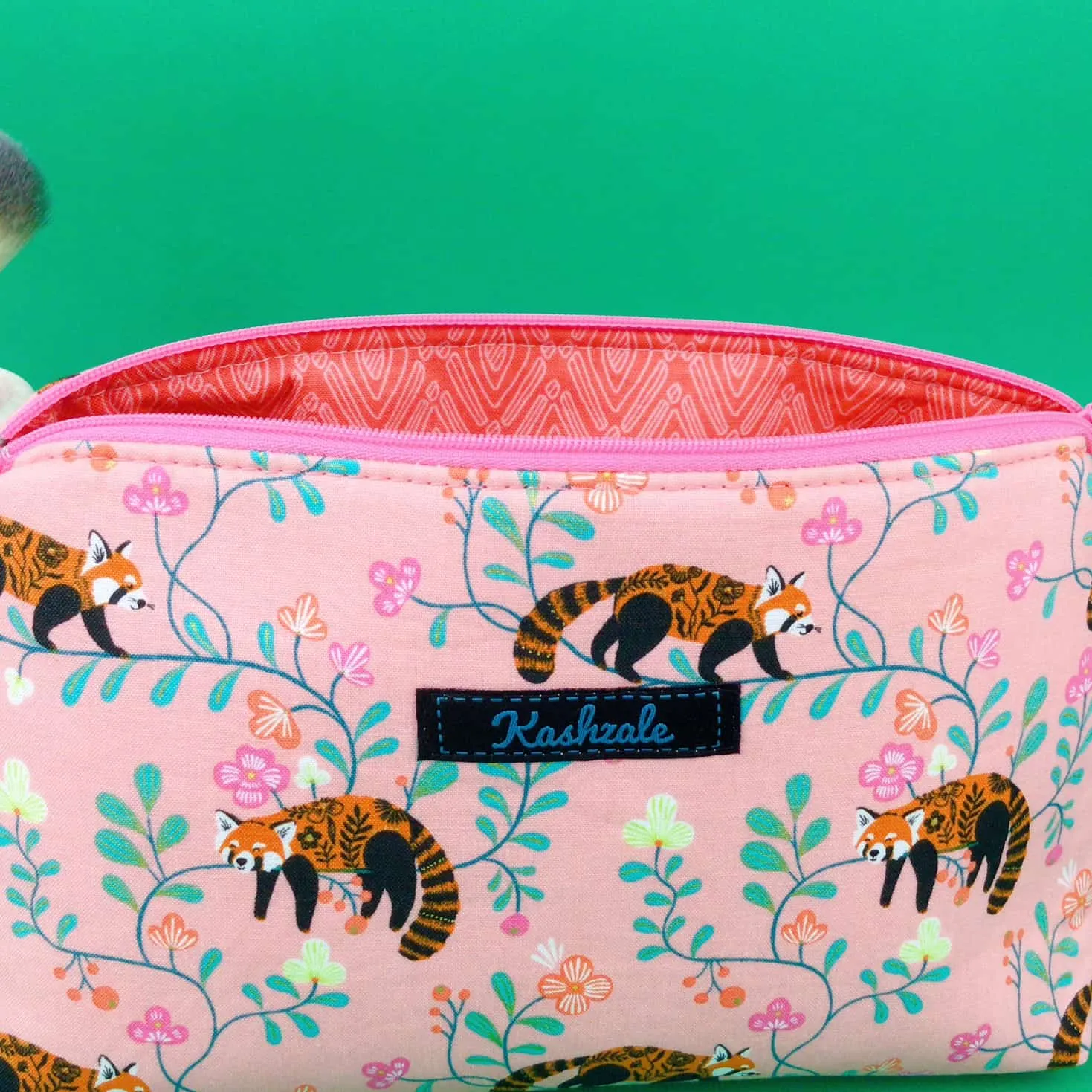 Red Panda Medium Makeup Bag.  Coral Makeup Bag.