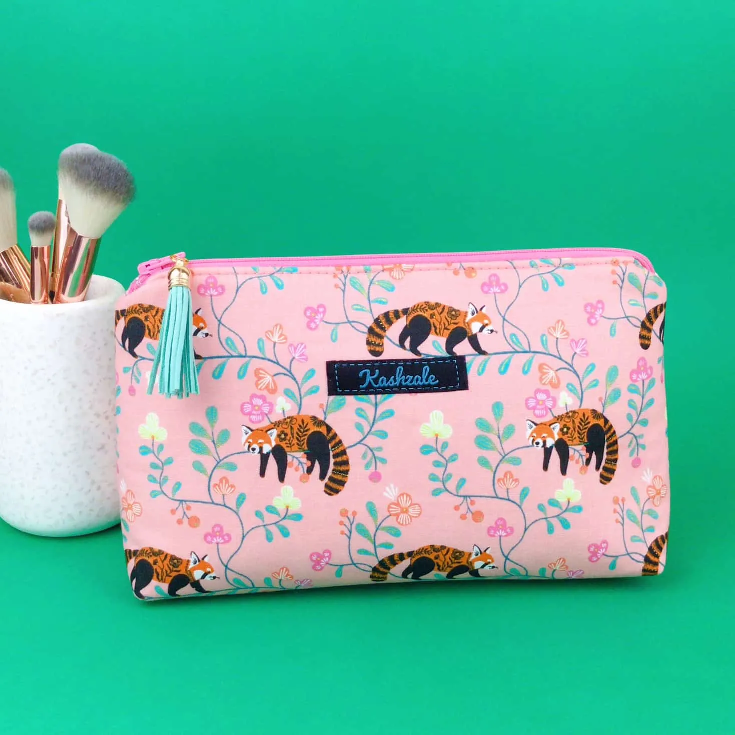 Red Panda Medium Makeup Bag.  Coral Makeup Bag.