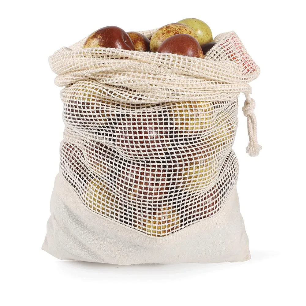 Reusable-Washable Cotton Mesh Produce Bag w/ Drawstring - Muslin Bottom