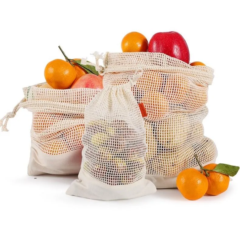 Reusable-Washable Cotton Mesh Produce Bag w/ Drawstring - Muslin Bottom