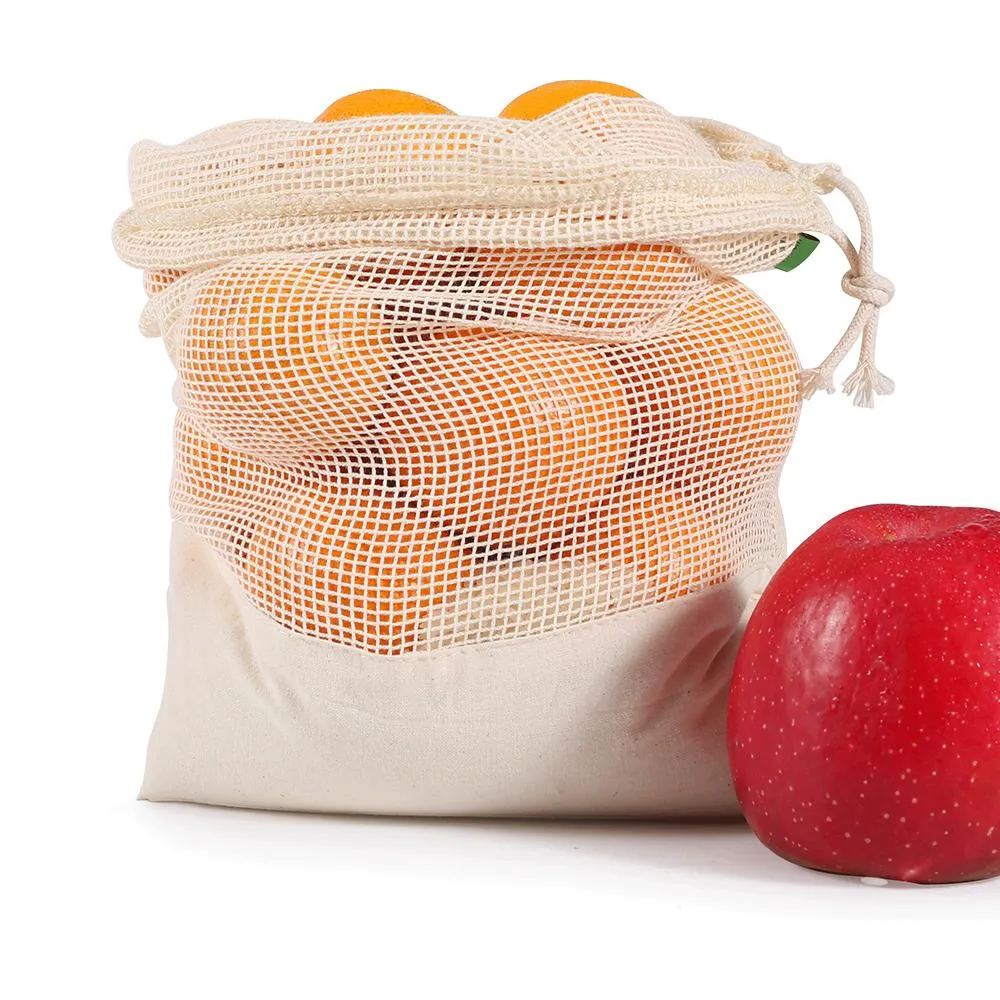 Reusable-Washable Cotton Mesh Produce Bag w/ Drawstring - Muslin Bottom