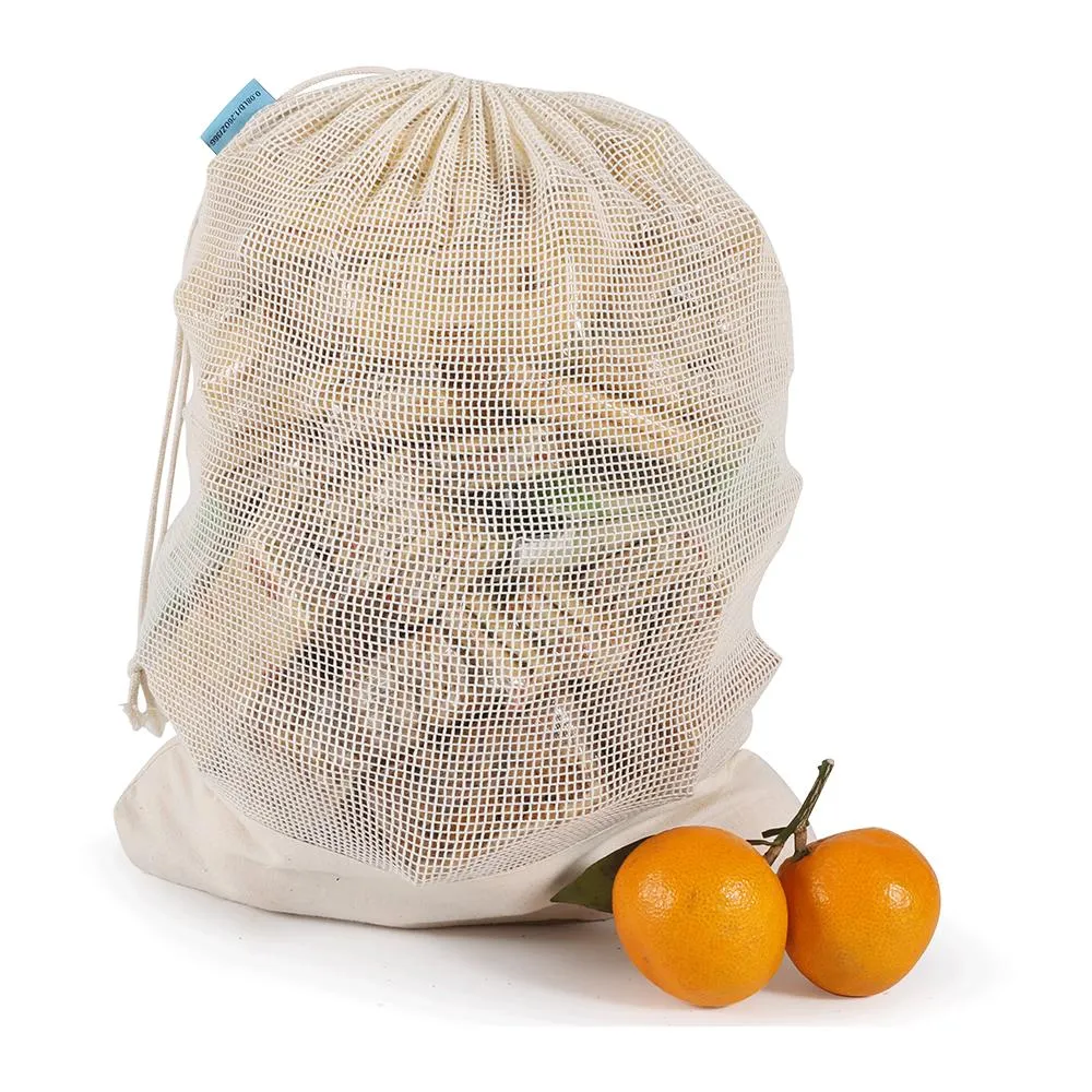 Reusable-Washable Cotton Mesh Produce Bag w/ Drawstring - Muslin Bottom