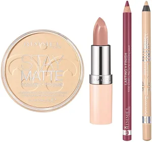 Rimmel Nude Collection Kit with Lasting Finish 1000 Kisses Lip Liner, Lasting Finish Nude Lipstick, Scandaleyes Waterproof Kohl Kajal Eyeliner and Stay Matte Pressed Powder, Multi