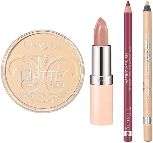 Rimmel Nude Collection Kit with Lasting Finish 1000 Kisses Lip Liner, Lasting Finish Nude Lipstick, Scandaleyes Waterproof Kohl Kajal Eyeliner and Stay Matte Pressed Powder, Multi