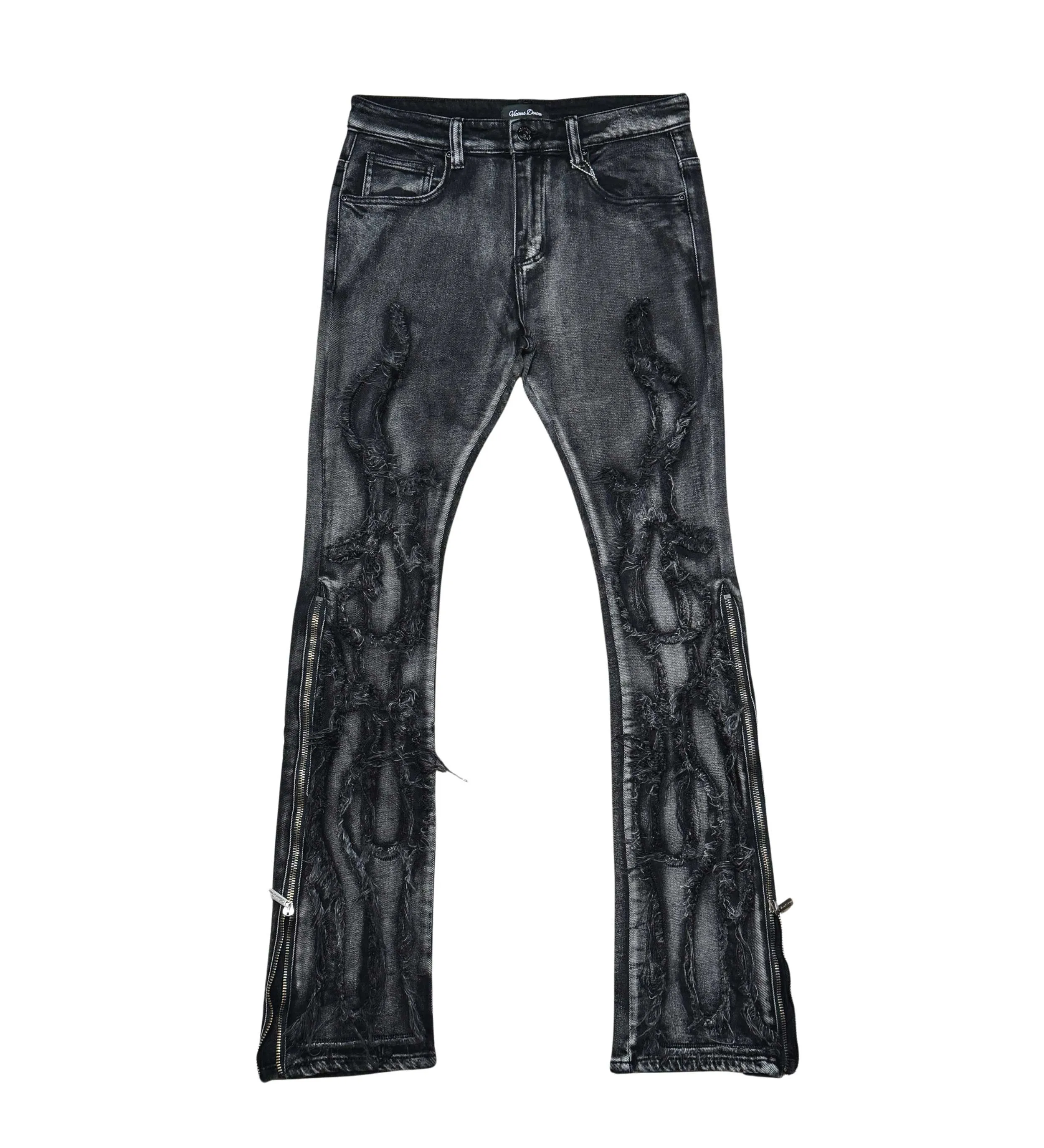 Ripped flared denim w/ side zippers