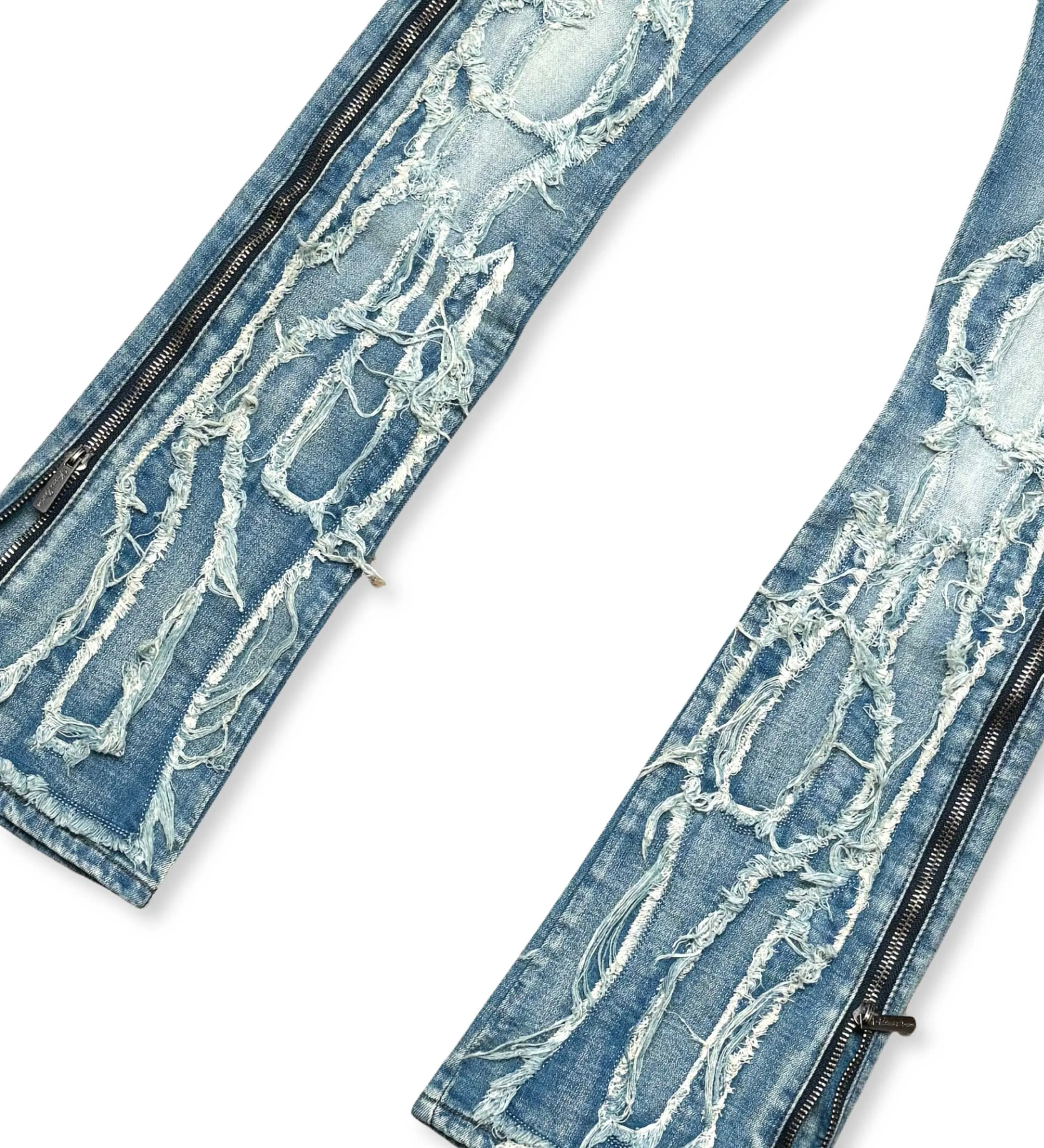 Ripped flared denim w/ side zippers