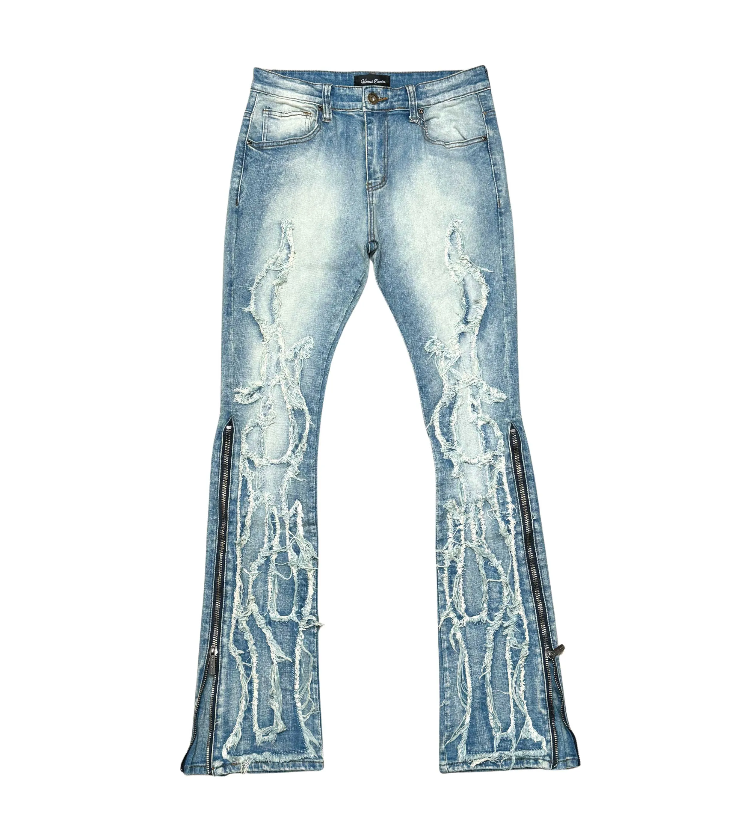 Ripped flared denim w/ side zippers