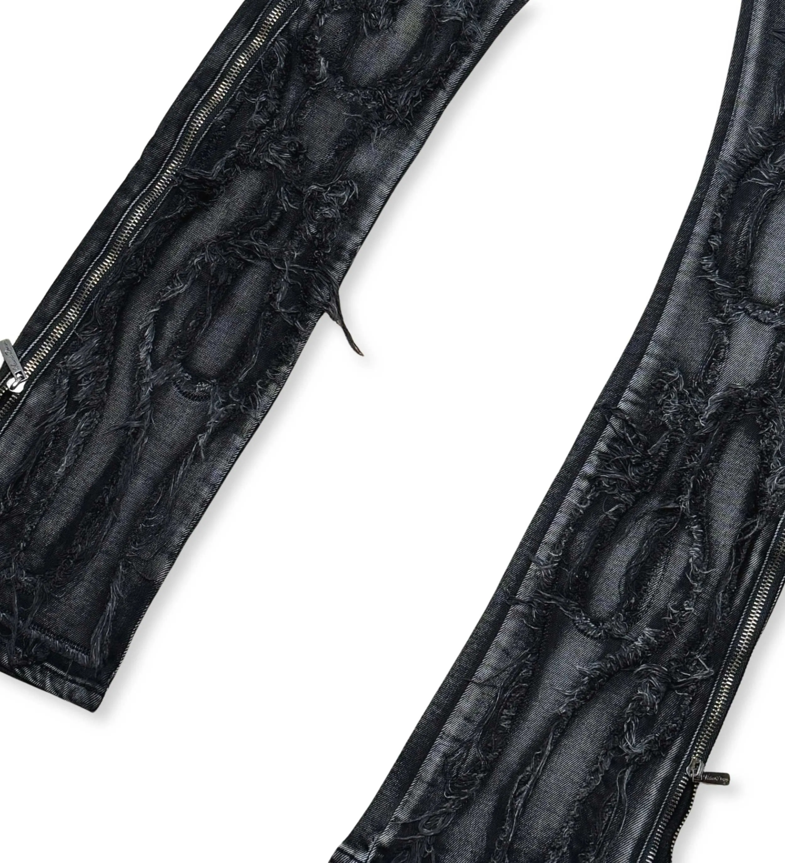 Ripped flared denim w/ side zippers