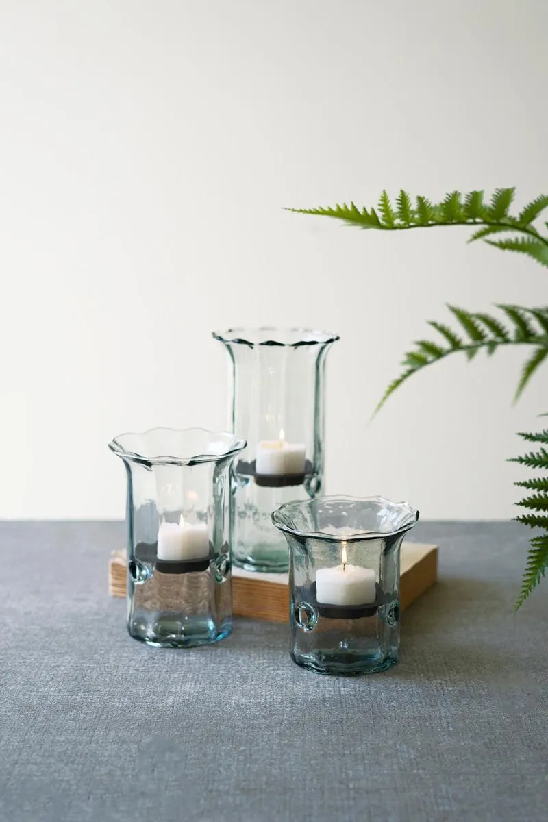 Set of 3 Recycled Glass Ribbed Votive Cylinders