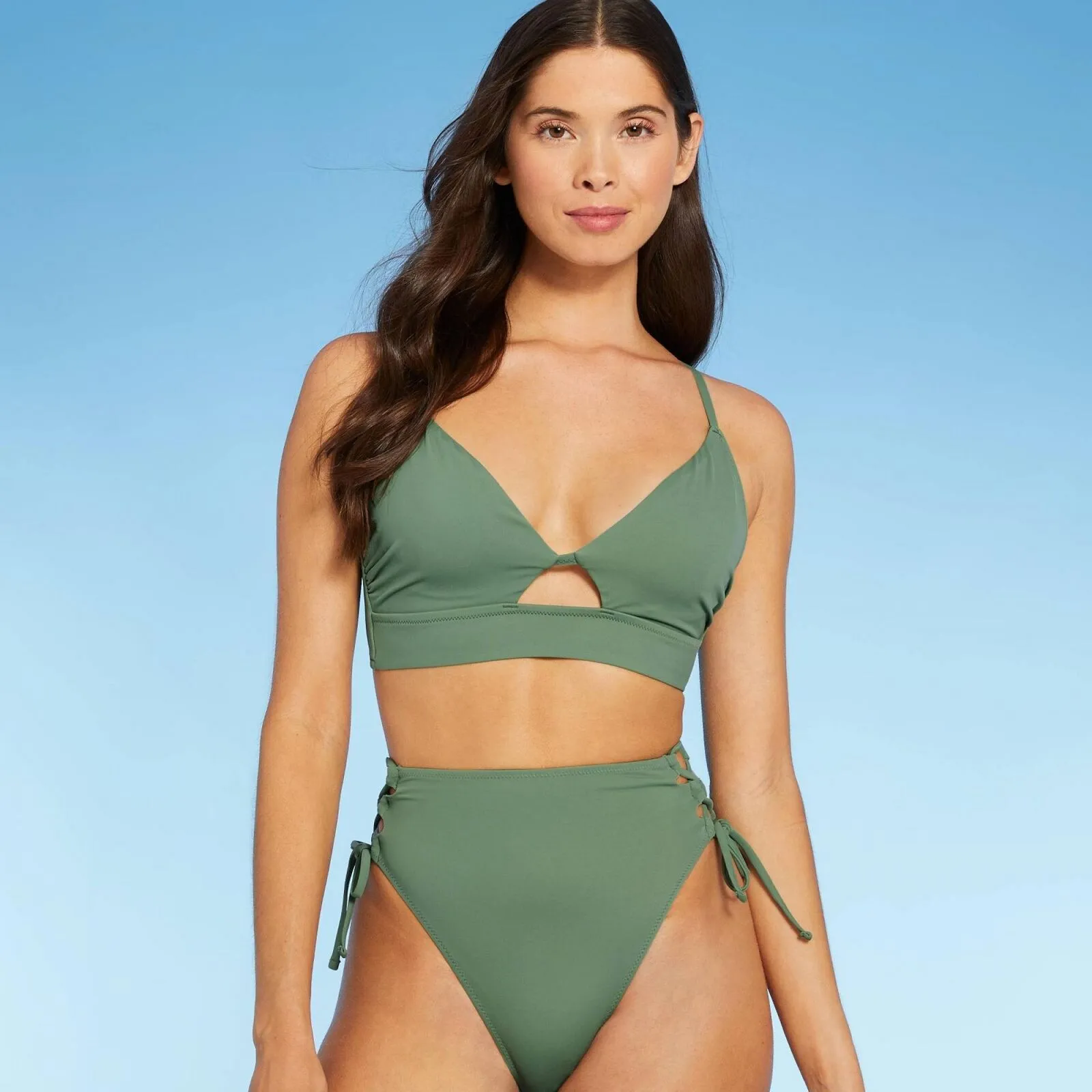 Shade & Shore Women's Longline Cut Out Bikini Top Green 34DD