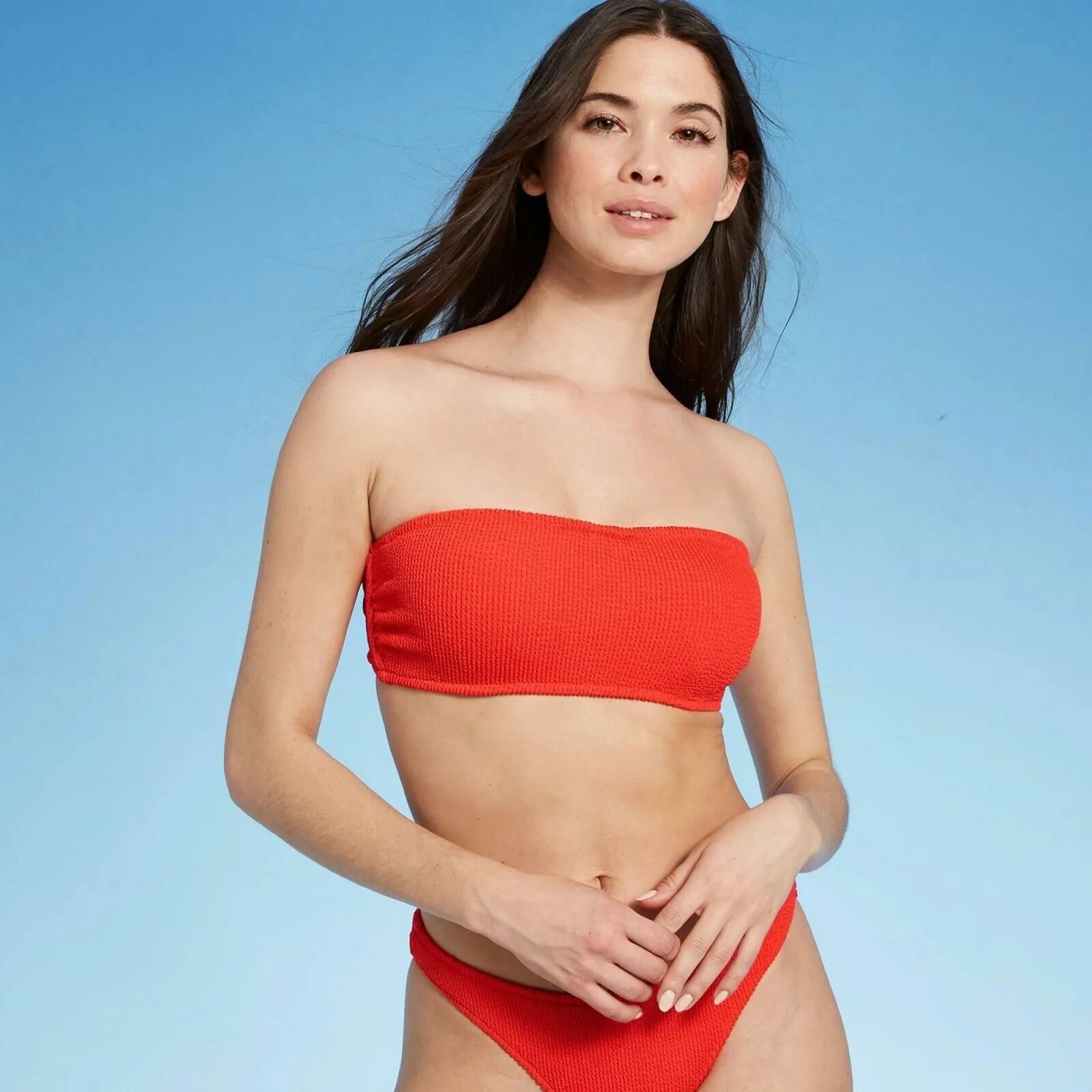 Shade & Shore Women's Pucker Textured Bandeau Bikini Top 36C Bright Orange