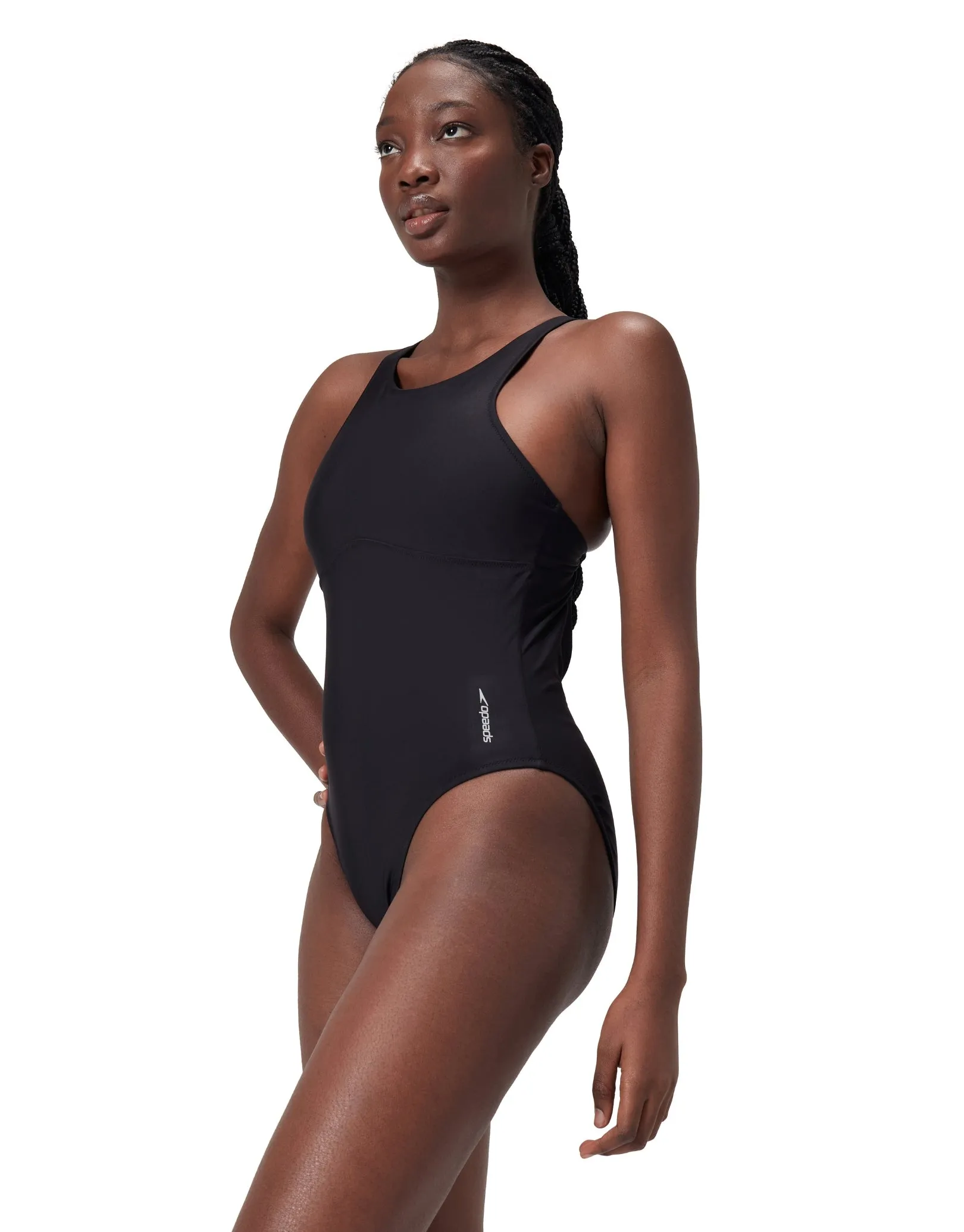 Solid Highneck Crossback Swimsuit - Dark Grey