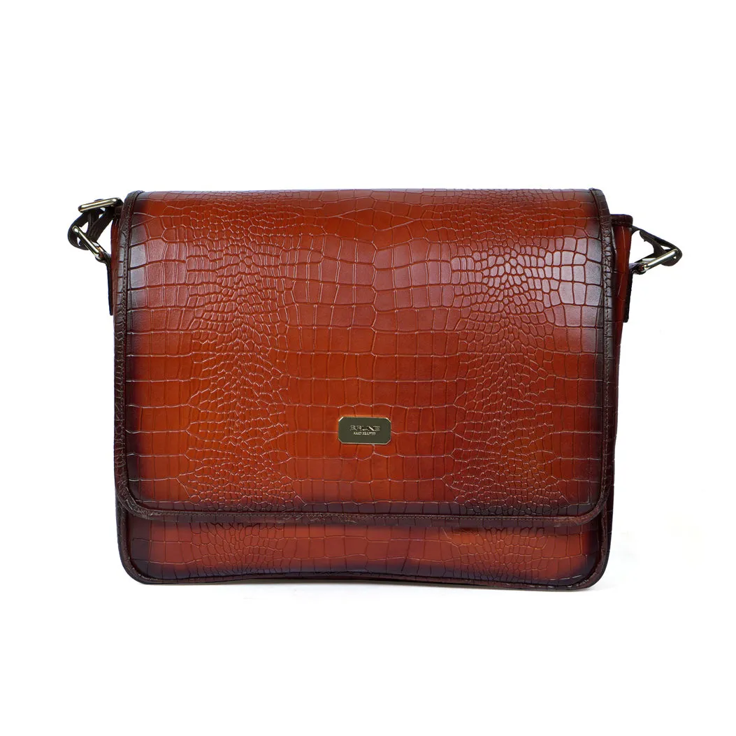 Stylish Premium Exclusive Hand-Painted Tan Leather Flap-Over With Golden Branding Plate Finish Messenger Bag By Brune & Bareskin