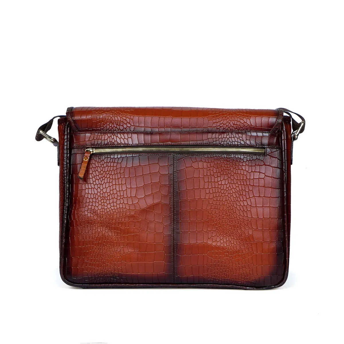 Stylish Premium Exclusive Hand-Painted Tan Leather Flap-Over With Golden Branding Plate Finish Messenger Bag By Brune & Bareskin