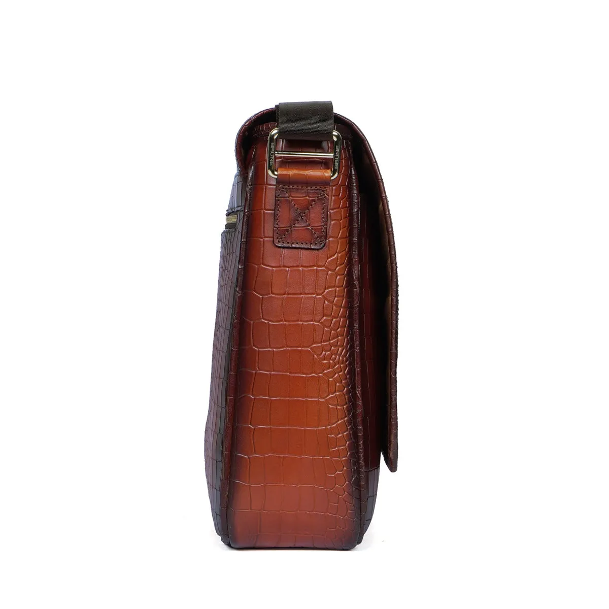 Stylish Premium Exclusive Hand-Painted Tan Leather Flap-Over With Golden Branding Plate Finish Messenger Bag By Brune & Bareskin