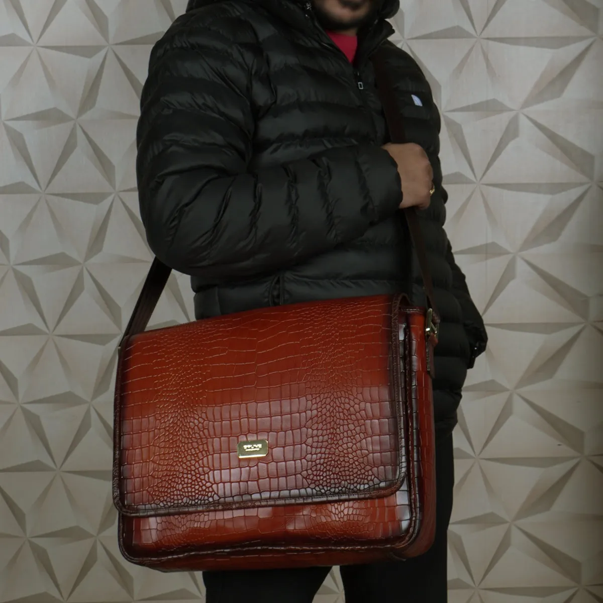 Stylish Premium Exclusive Hand-Painted Tan Leather Flap-Over With Golden Branding Plate Finish Messenger Bag By Brune & Bareskin