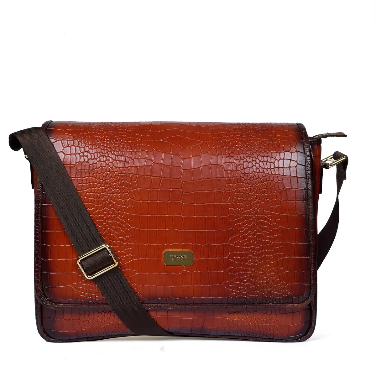 Stylish Premium Exclusive Hand-Painted Tan Leather Flap-Over With Golden Branding Plate Finish Messenger Bag By Brune & Bareskin