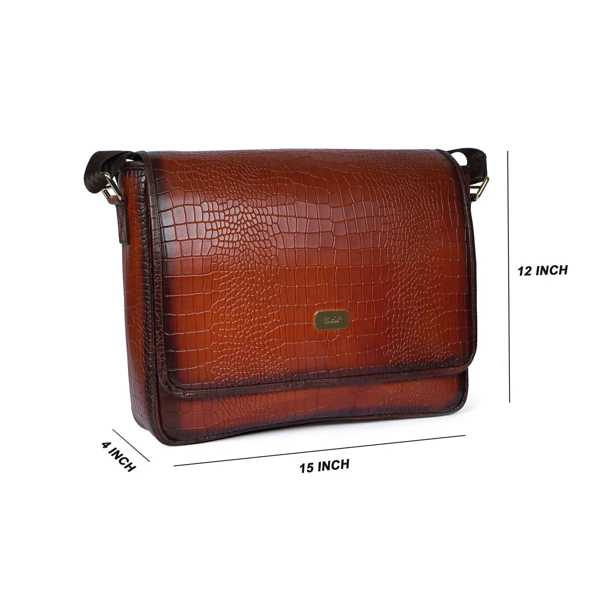 Stylish Premium Exclusive Hand-Painted Tan Leather Flap-Over With Golden Branding Plate Finish Messenger Bag By Brune & Bareskin