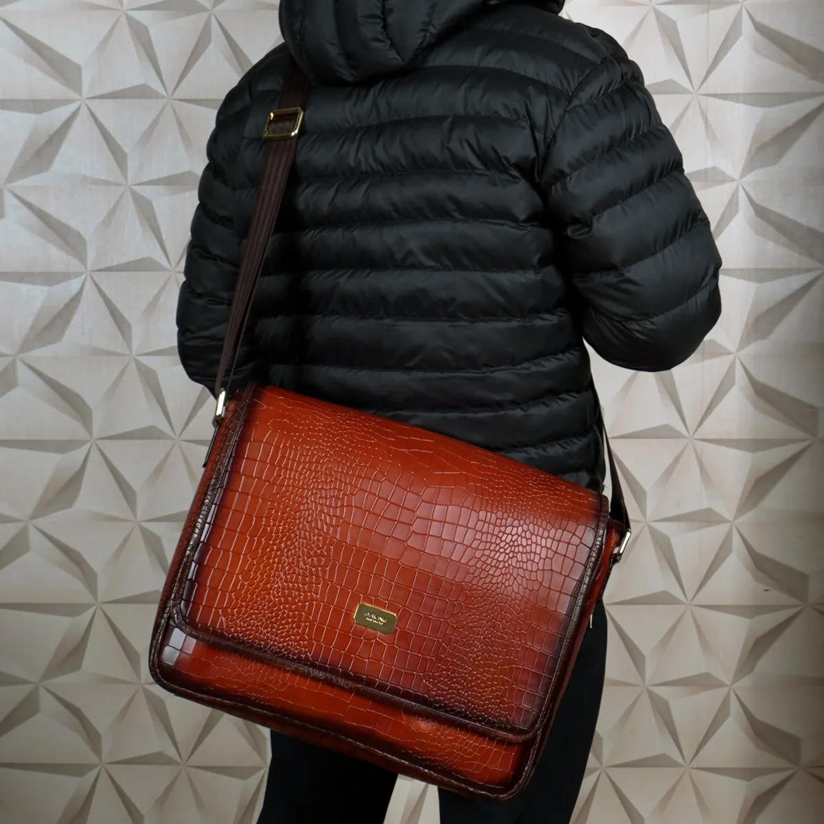 Stylish Premium Exclusive Hand-Painted Tan Leather Flap-Over With Golden Branding Plate Finish Messenger Bag By Brune & Bareskin