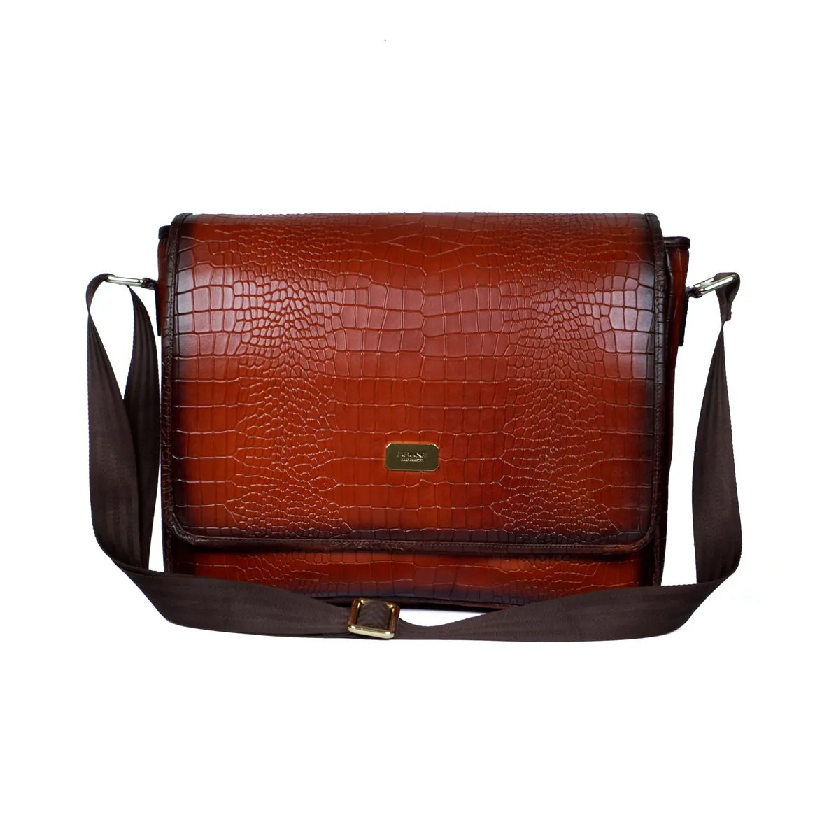 Stylish Premium Exclusive Hand-Painted Tan Leather Flap-Over With Golden Branding Plate Finish Messenger Bag By Brune & Bareskin