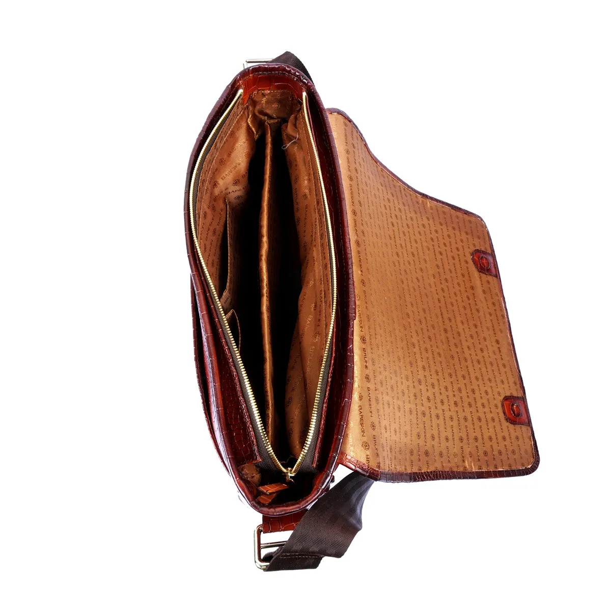Stylish Premium Exclusive Hand-Painted Tan Leather Flap-Over With Golden Branding Plate Finish Messenger Bag By Brune & Bareskin
