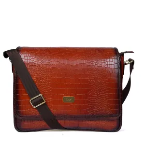 Stylish Premium Exclusive Hand-Painted Tan Leather Flap-Over With Golden Branding Plate Finish Messenger Bag By Brune & Bareskin