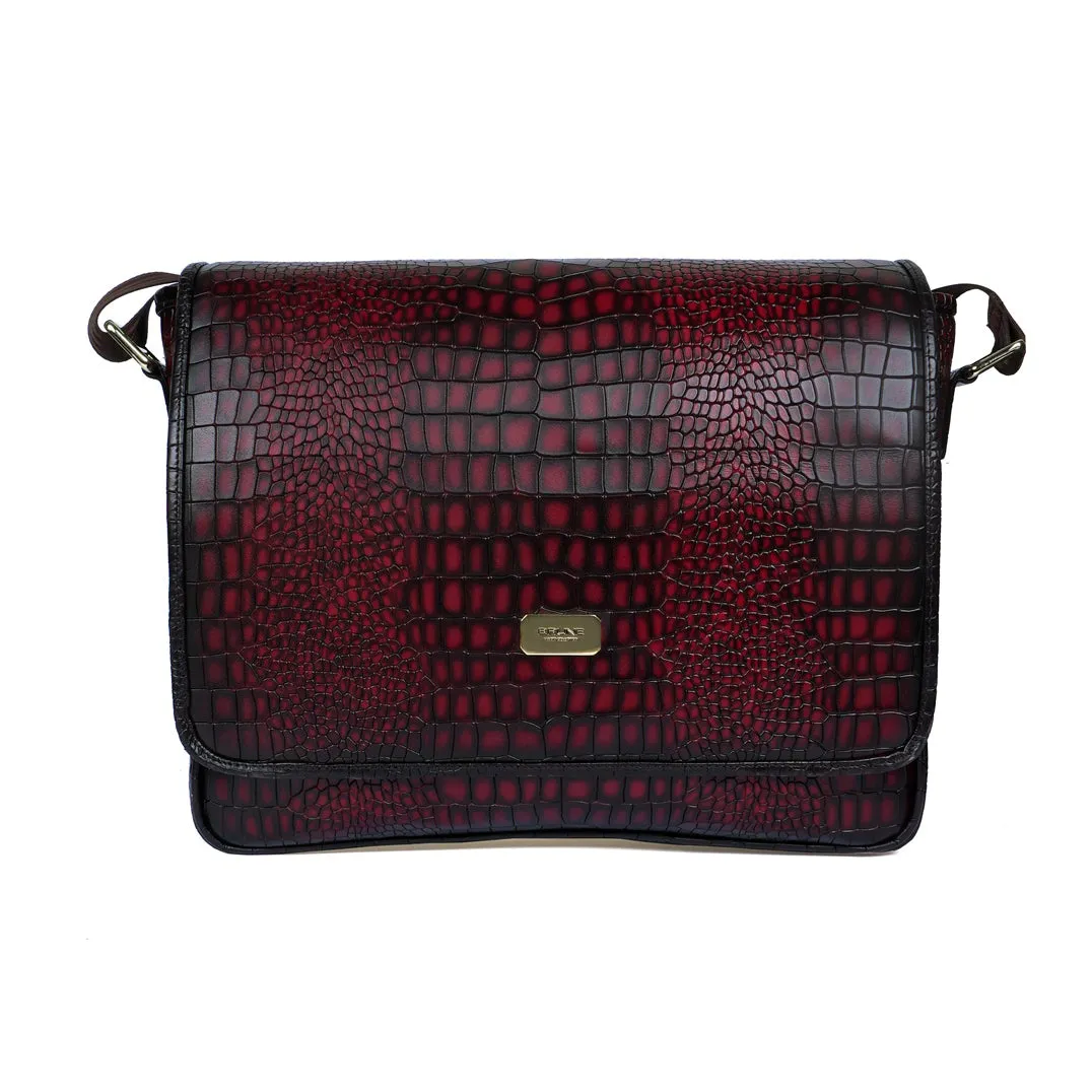 Stylish Premium Exclusive Hand-Painted Wine Leather Flap-Over With Golden Branding Plate Finish Messenger Bag By Brune & Bareskin