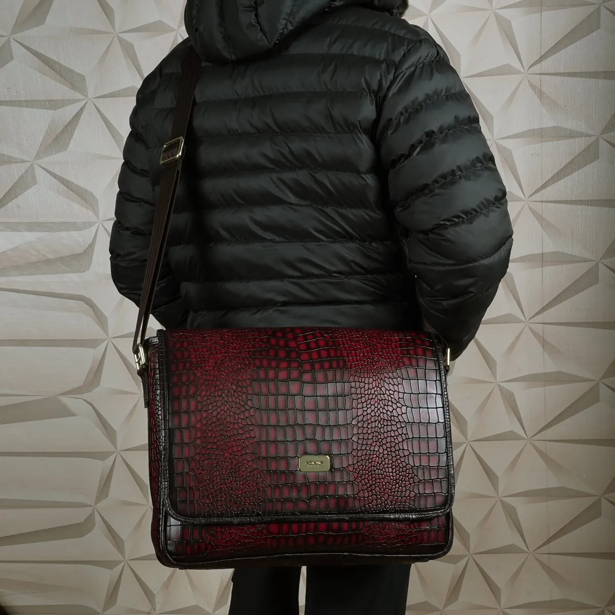 Stylish Premium Exclusive Hand-Painted Wine Leather Flap-Over With Golden Branding Plate Finish Messenger Bag By Brune & Bareskin