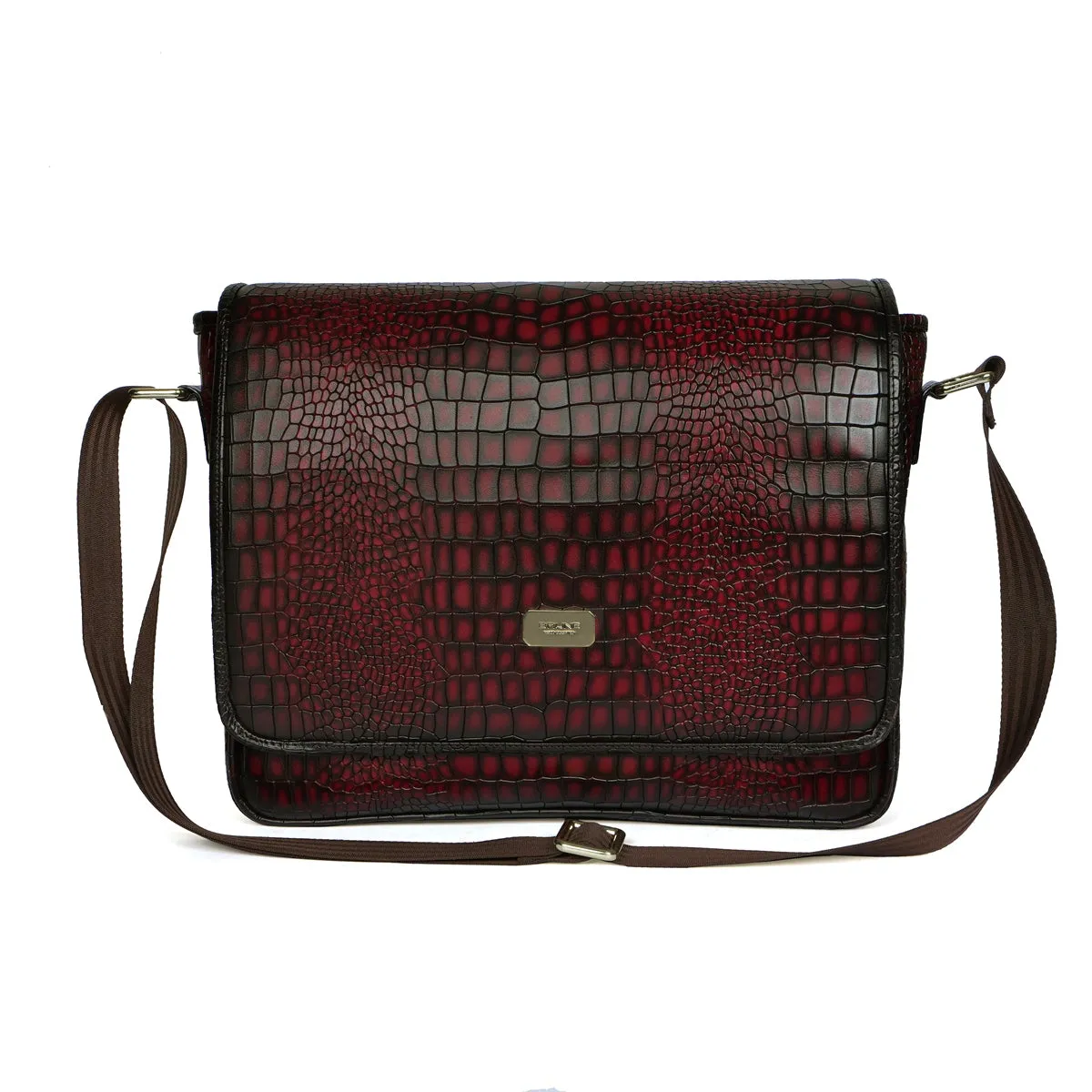Stylish Premium Exclusive Hand-Painted Wine Leather Flap-Over With Golden Branding Plate Finish Messenger Bag By Brune & Bareskin