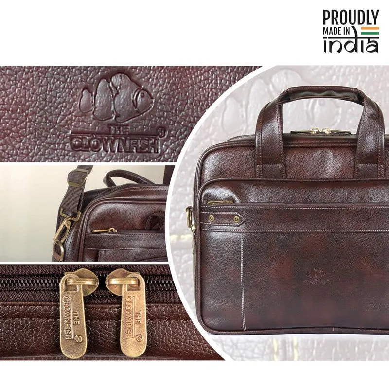 THE CLOWNFISH Faux Leather 12 inch Laptop Briefcase - Water Resistant, Organised Design | Adjustable Strap | 11 liters | Dark Brown