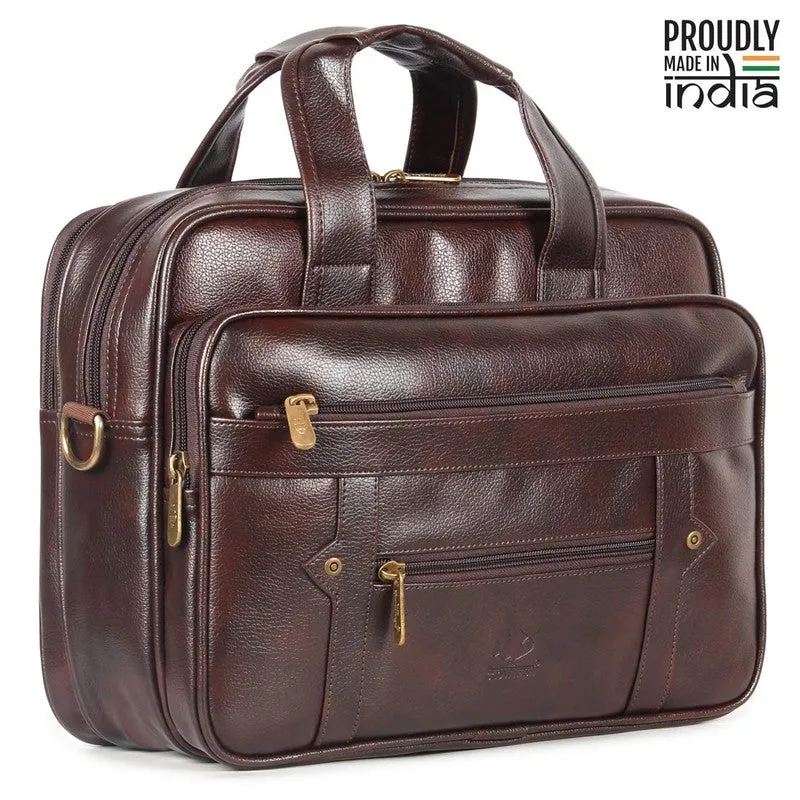 THE CLOWNFISH Faux Leather 12 inch Laptop Briefcase - Water Resistant, Organised Design | Adjustable Strap | 11 liters | Dark Brown