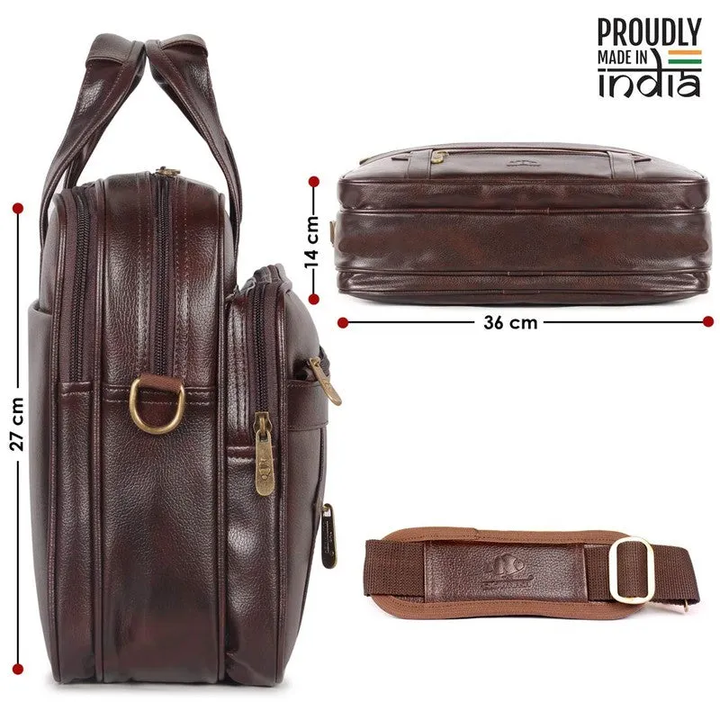 THE CLOWNFISH Faux Leather 12 inch Laptop Briefcase - Water Resistant, Organised Design | Adjustable Strap | 11 liters | Dark Brown