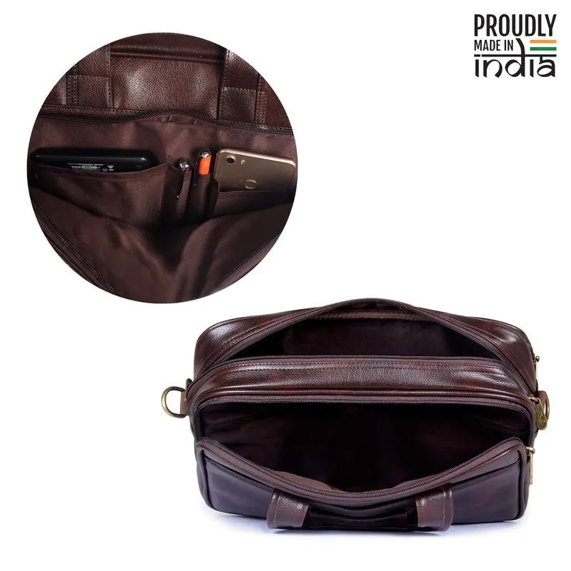 THE CLOWNFISH Faux Leather 12 inch Laptop Briefcase - Water Resistant, Organised Design | Adjustable Strap | 11 liters | Dark Brown