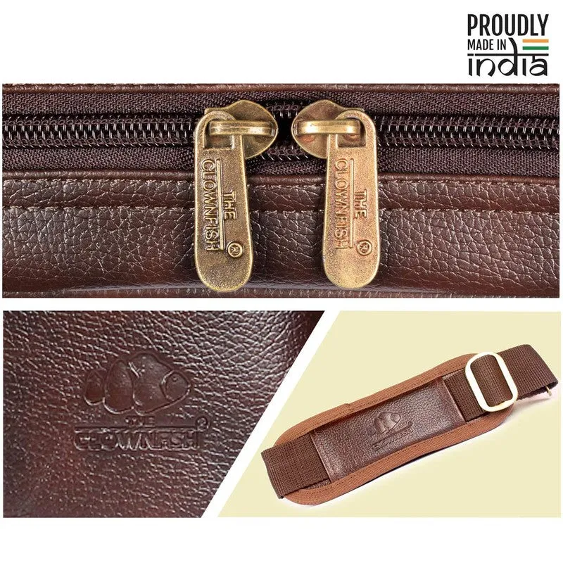 THE CLOWNFISH Faux Leather 12 inch Laptop Briefcase - Water Resistant, Organised Design | Adjustable Strap | 11 liters | Dark Brown