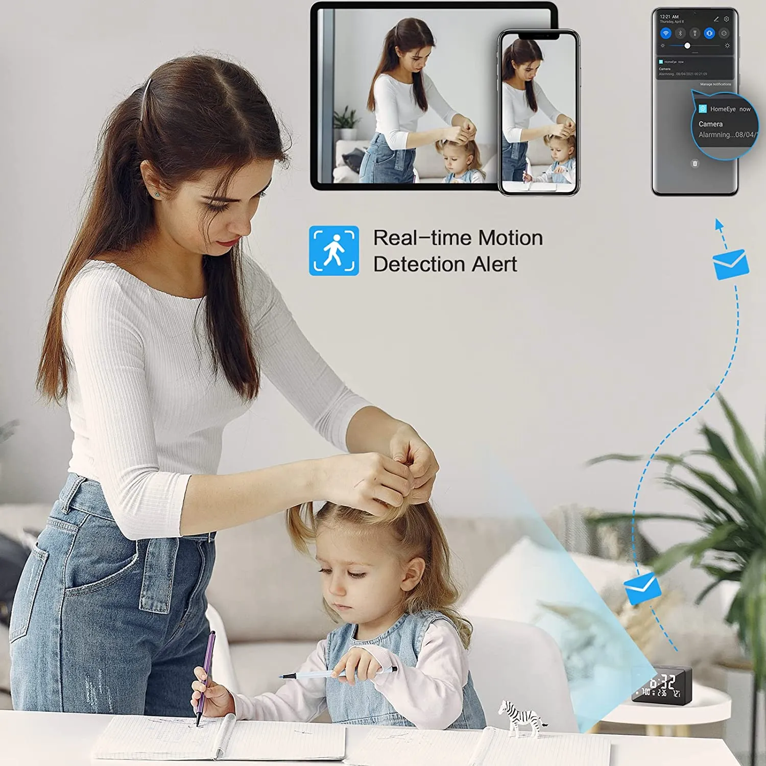 Wide View Security Camera Alarm Clock - WiFi, Night Vision