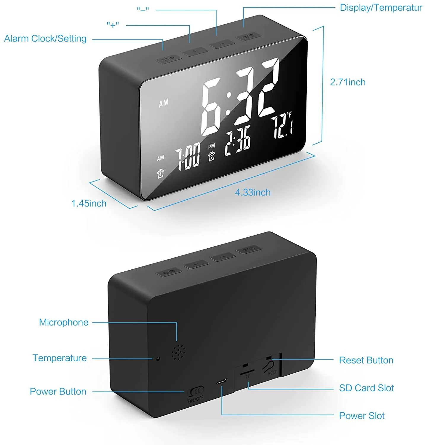Wide View Security Camera Alarm Clock - WiFi, Night Vision