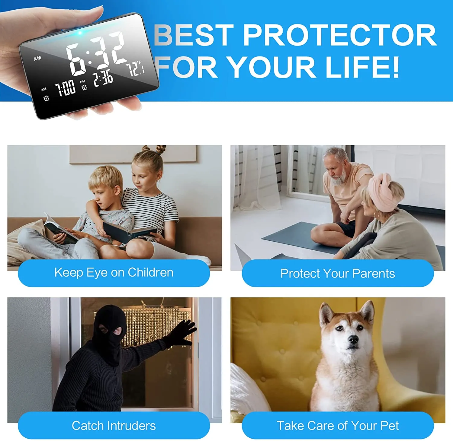 Wide View Security Camera Alarm Clock - WiFi, Night Vision