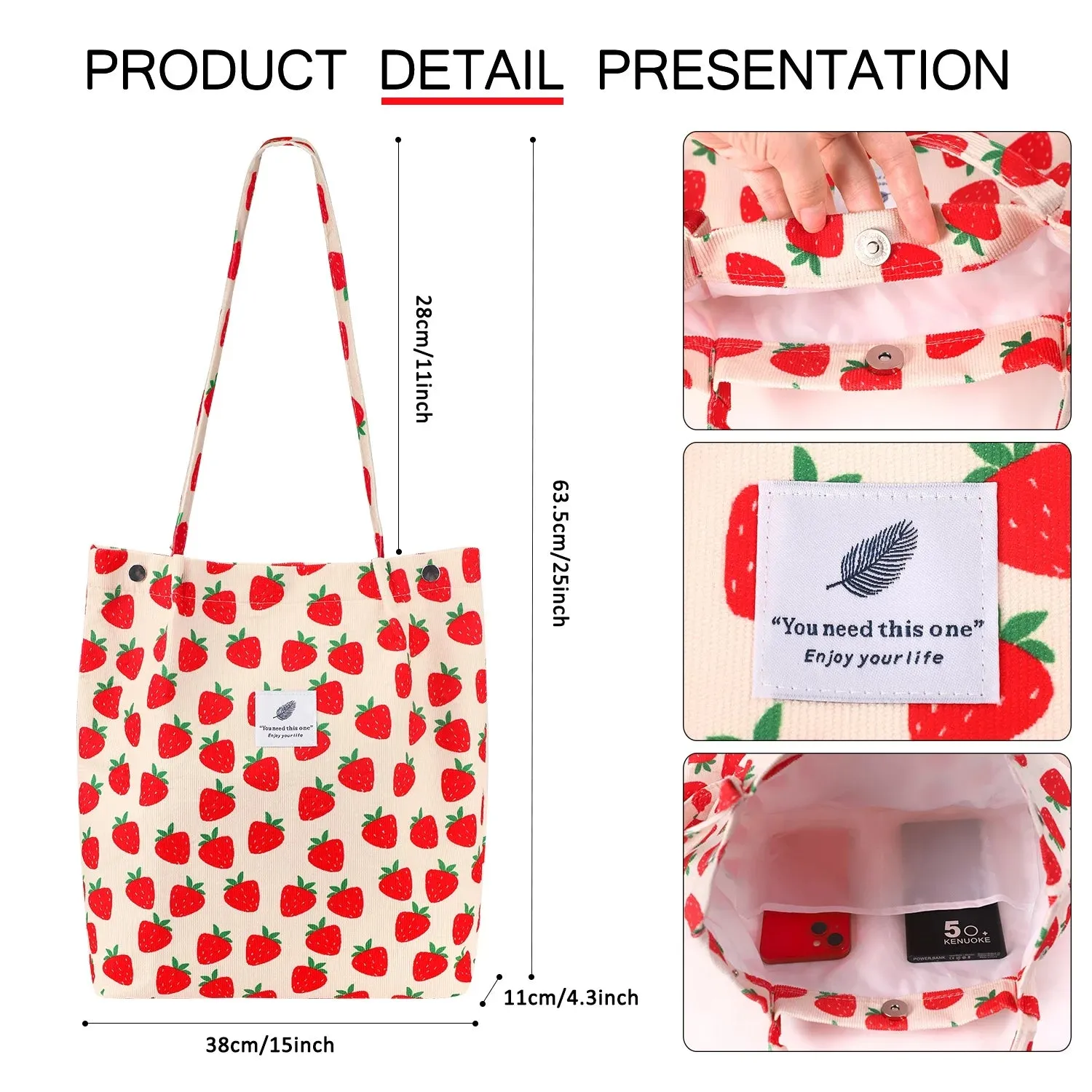 Women'S Corduroy Strawberry Shoulder Handbag, A-Strawberry