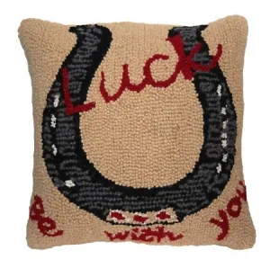 Woodcut Horseshoe 18x18 Hooked Pillow