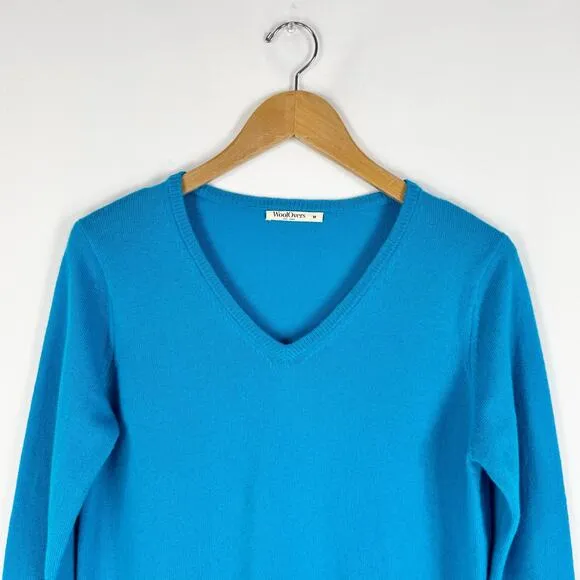 Woolovers Womens Wool Cashmere Blend V-Neck Sweater Medium Azure Blue