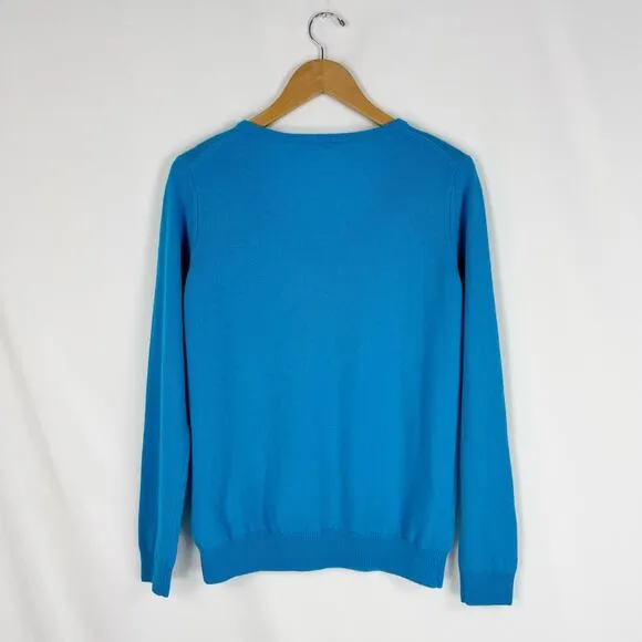 Woolovers Womens Wool Cashmere Blend V-Neck Sweater Medium Azure Blue